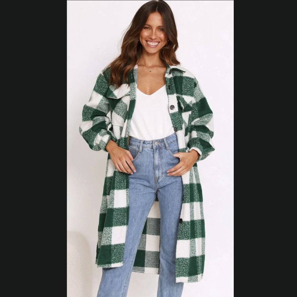 Green Gingham Print Longline Coat